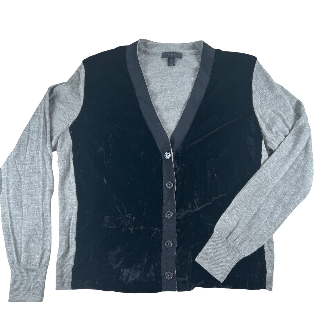 J. Crew Harlow Cardigan Women's Large Velvet Front Merino Wool Black Gray Preppy